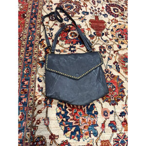 Garnet Hill Black Pebbled Leather Studded Flap Shoulder Crossbody Bag Brass Hard